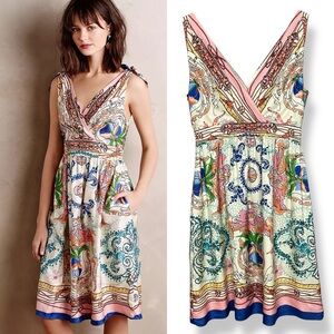 Anthropologie Collette Dinningan Dress Tied Acionna Silk Size 12 V-Neck Eclectic